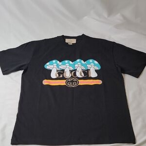 Gucci Black Tee with Blue Mushroom Motif